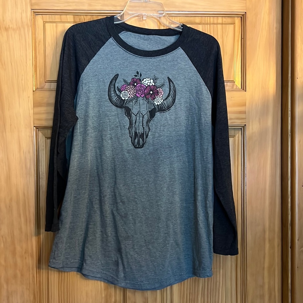 Womens Long sleeve tee with cow skull and flowers
